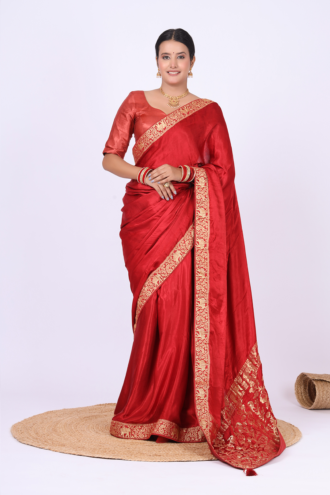 Brick Red Gajji Silk Mor Pallu Saree with Zari Banarasi Border and Elegant Unstitched Blouse